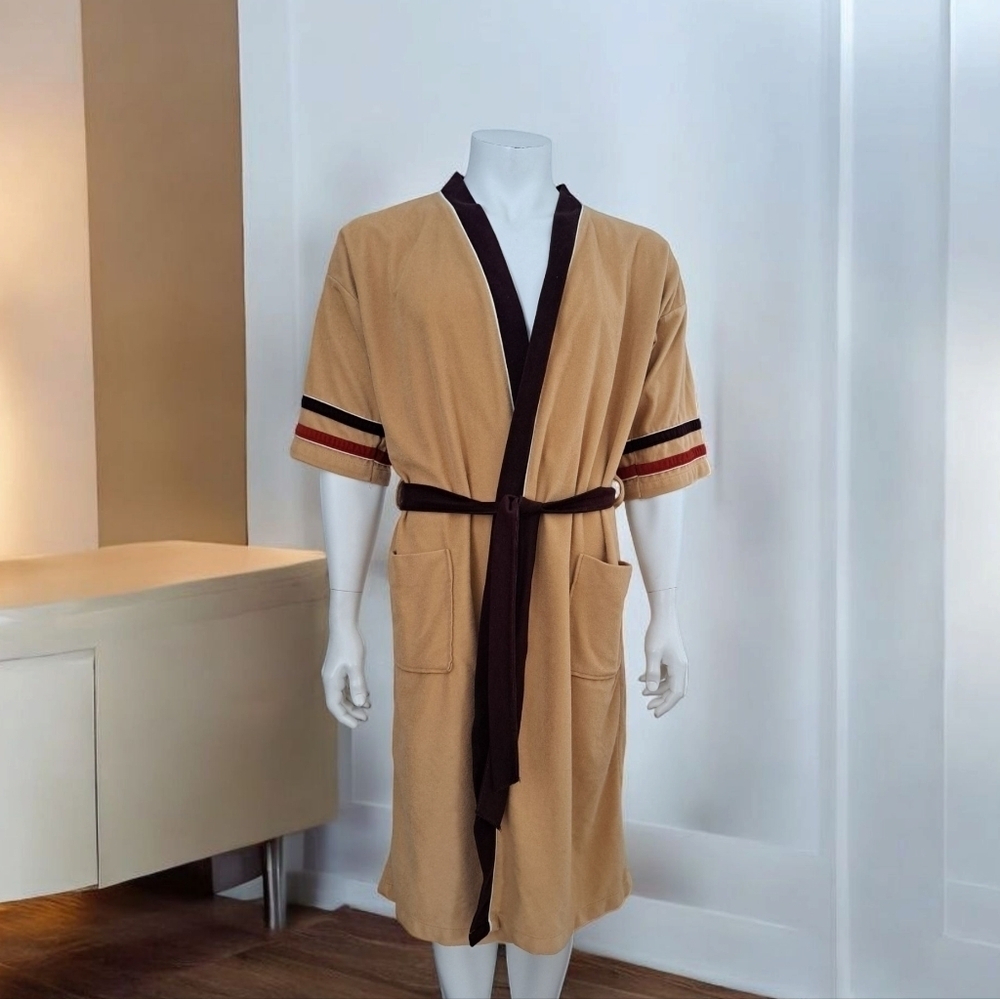 Vintage Style Club 60s 70s Housecoat Lounge Tan & Brown Men's Sleepwear Belt